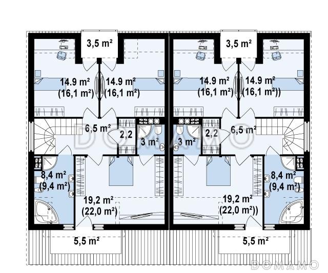 Проект мансардных домов-близнецов из кирпича с гаражом, тремя спальнями и красивым слуховым окном и балконом / План мансардного этажа