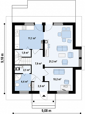 Проект одноэтажного мансардного дома из газобетона с тремя спальнями и кабинетом / План 1 этажа