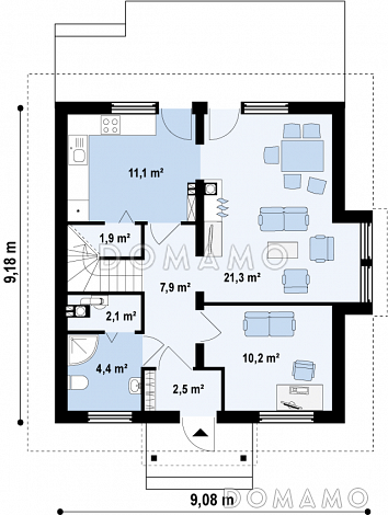Проект одноэтажного мансардного дома из газобетона с тремя спальнями и кабинетом / План 1 этажа