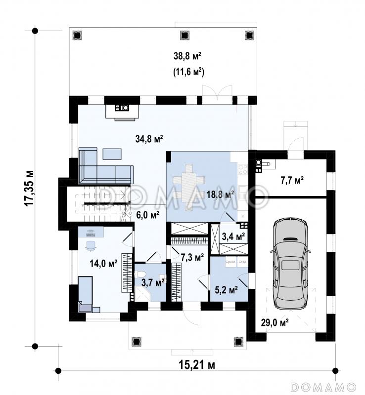 Проект дома с гаражом для машины, подвалом, крытой террасой, кладовой / План 1 этажа