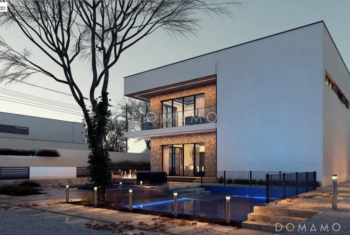 Проект современного двухэтажного дома из кирпича с плоской крышей, четырьмя комнатами и двумя лоджиями