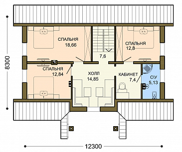 Проект уютного загородного дома с ажурным крыльцом под зеленой крышей / План мансардного этажа