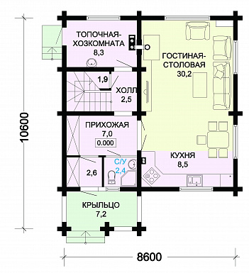 Проект одноэтажного дома из оцилиндрованного бревна с мансардой с просторной гостиной / План 1 этажа