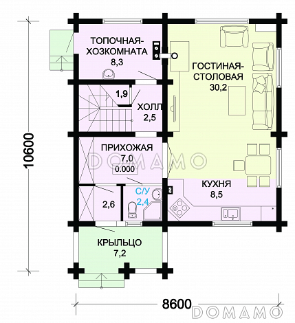 Проект одноэтажного дома из оцилиндрованного бревна с мансардой с просторной гостиной / План 1 этажа