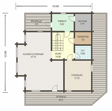 Проект дома из клееного бруса с несложными фасадами / План 1 этажа