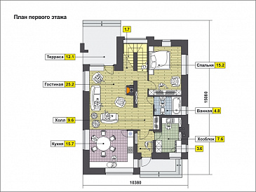 Двухэтажный загородный дом с облицовкой кирпичом, крытой террасой, спальней на первом этаже, двумя балконами / План 1 этажа