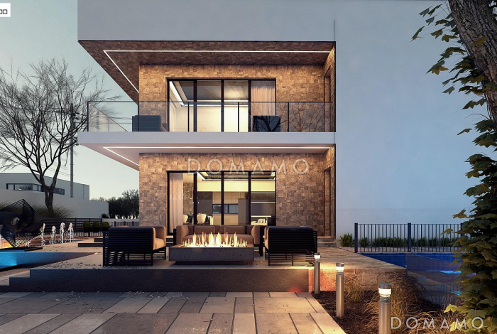 Проект современного двухэтажного дома из кирпича с плоской крышей, четырьмя комнатами и двумя лоджиями