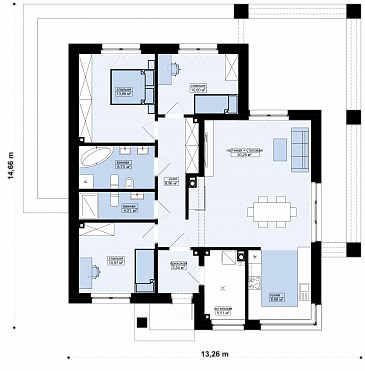 Проект дома из газобетона с террасой, панорамными окнами и плоской крышей / План 1 этажа