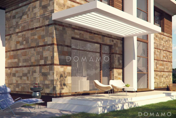 Проект современного двухэтажного дома из кирпича с четырьмя спальнями, сауной и большим гаражом