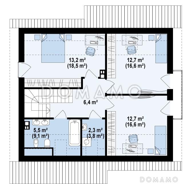 Проект классического мансардного дома из газобетона с кабинетом и большим техническим помещением / План мансардного этажа