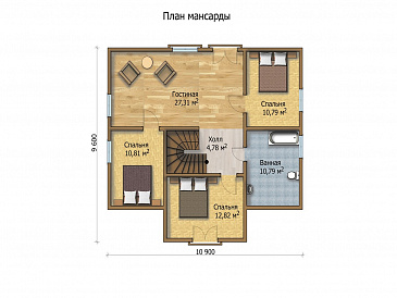 Проект дома с небольшой террасой и гостиной, которая объединена с кухней / План мансардного этажа