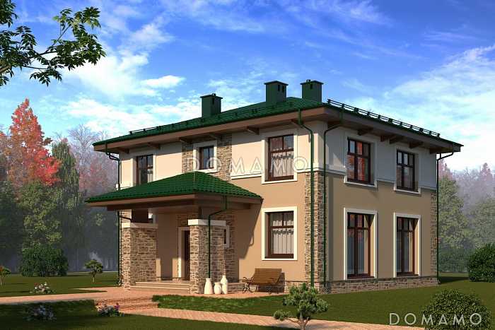 Проект двухцветного коттеджа с двумя гардеробными и большим крыльцом