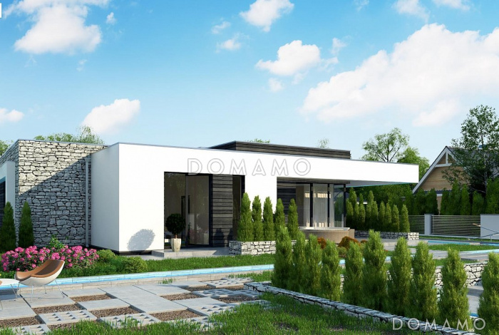 Проект современного одноэтажного дома из газобетона с плоской крышей, с тремя спальнями, кабинетом и внутренним двориком