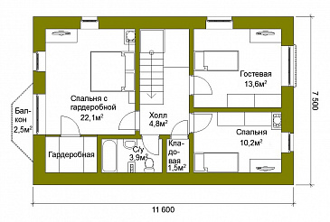 Проект компактного коттеджа с двускатной кровлей / План мансардного этажа