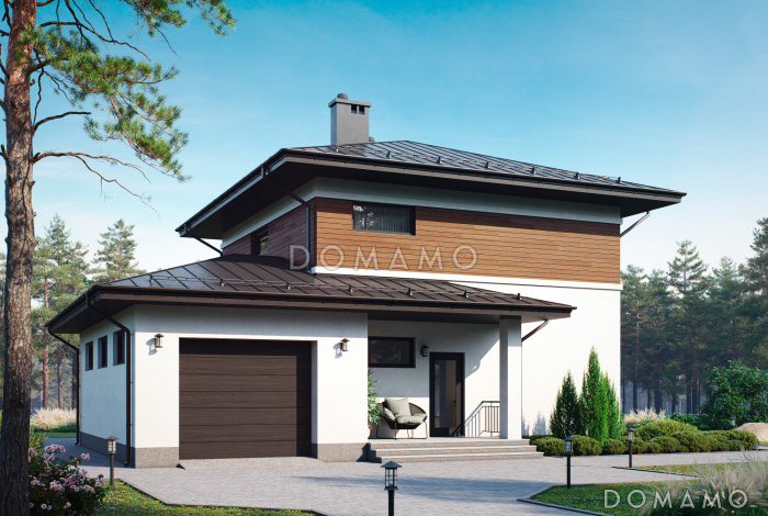 Проект загородного дома с гаражом, объединенной кухней и гостиной,  ванной с окном на втором этаже