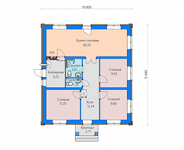 Проект загородного дома с кухней-столовой в ширину дома, тремя спальнями, двумя санузлами / План 1 этажа