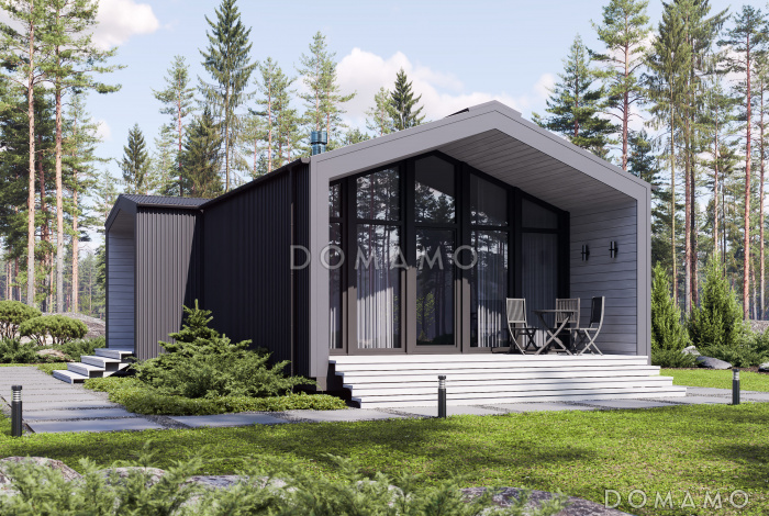 Проект дома в стиле барнхаус с сауной, спальней и кухней-гостиной-столовой