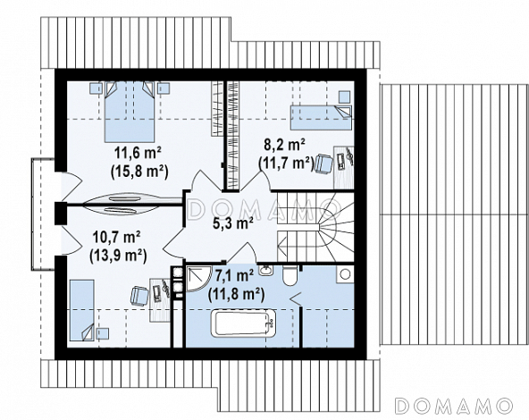 Проект одноэтажного дома из кирпича с жилым мансардным этажом и гаражом / План мансардного этажа