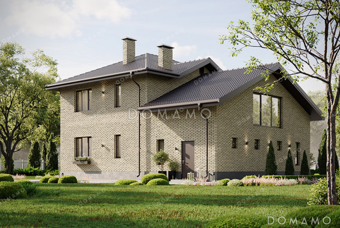 Проект современного двухэтажного дома с просторным гаражом, балконом, совмещенной кухней-гостиной и большим зимним садом на втором этаже