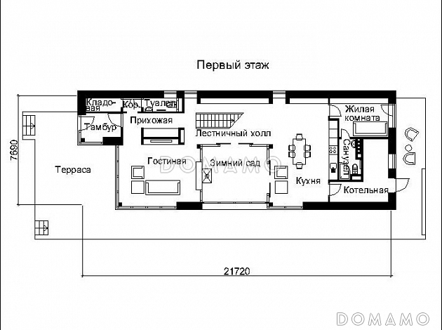 Проект двухэтажного дома с остеклением / План 1 этажа