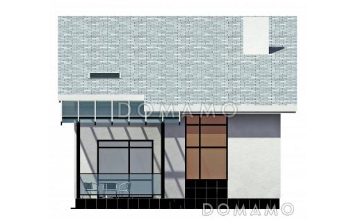 Загородный дом с односкатной крышей, круглым окном, крытой террасой и вторым светом  / Фасад 2