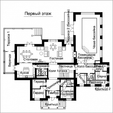 Проект дома с террасой и крытой верандой с колоннами / План 1 этажа