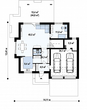 Проект дома с гаражом на две машины, спальней на первом этаже,  балконами и террасой / План 1 этажа