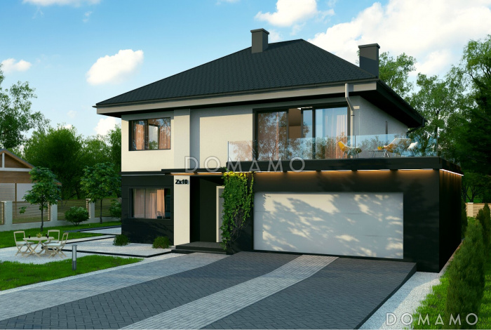 Проект двухэтажного дома с кладовой в кухне, гаражом, мастер-спальней на мансарде с террасой