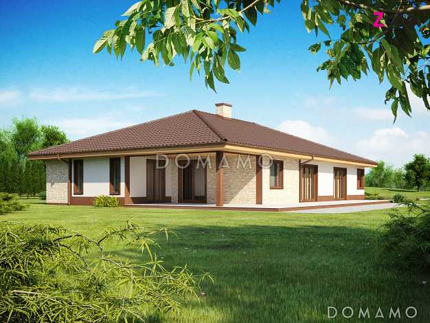 Проект просторного одноэтажного дома из кирпича с фронтальным гаражом, четырьмя спальнями и большой гостиной