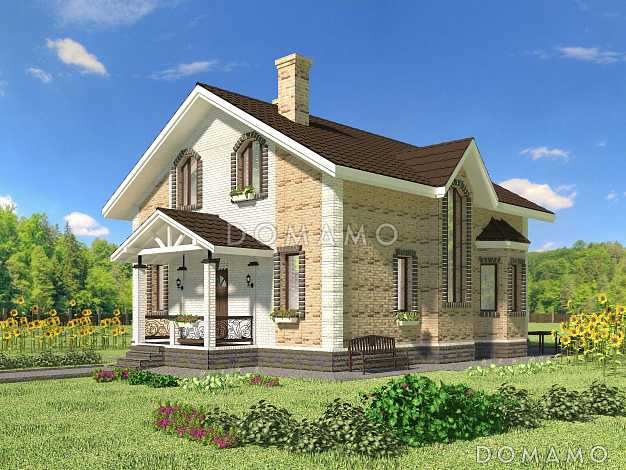 Проект коттеджа из газобетона с эркером и террасой.
