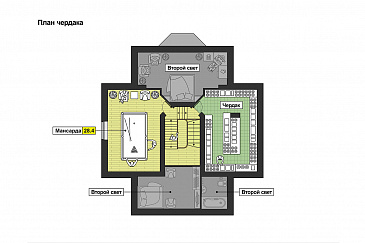 Проект дома с цокольным этажом, бассейном и сауной, кухней с эркером, открытой террасой, бильярдной на мансарде / План мансардного этажа