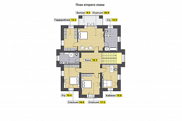 Проект дома с большой гостиной, санузлом, гостевой, хозяйской спальней с балконом / План 2 этажа