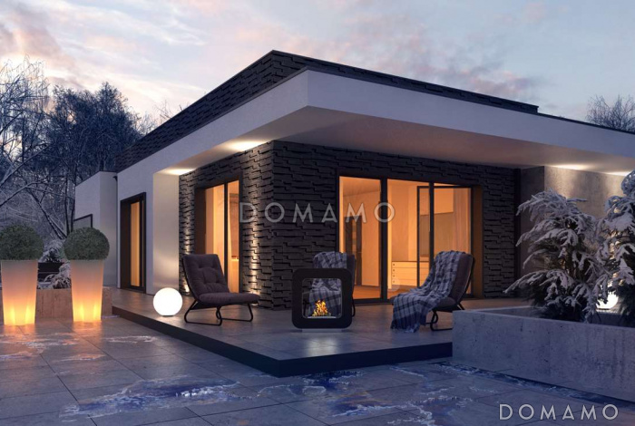 Проект просторного современного одноэтажного углового дома из кирпича с плоской крышей, с гаражом и отделённой спальной зоной