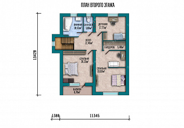 Проект дома с 3 спальнями, кабинетом, длинной угловой террасой и окнами в пол / План мансардного этажа