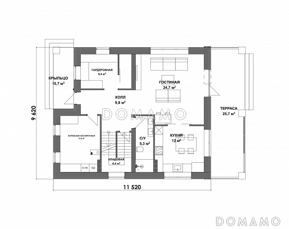 Проект дома из газобетона с 3 спальнями и ванной на втором этаже / План 1 этажа