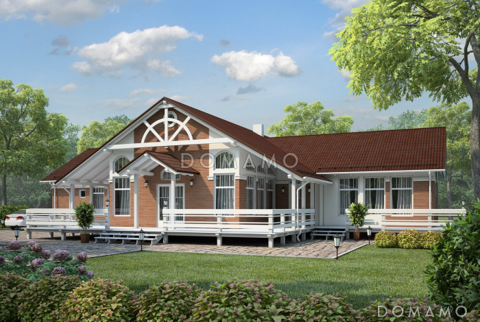 Проект большого одноэтажного дома с обширной террасой и приватной хозяйской территорией
