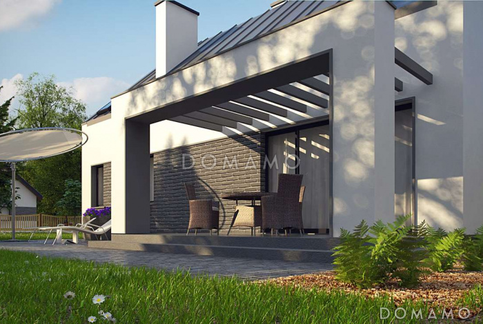 Проект одноэтажного мансардного дома из кирпича в современном стиле, со встроенным гаражом