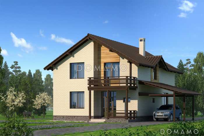 Проект бежевого двухэтажного дома с лоджией над крыльцом