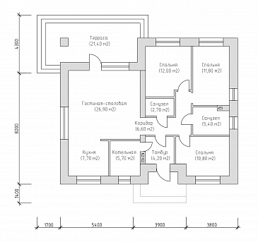 Проект компактного одноэтажного дома по технологии ЛСТК с террасой, с комбинированной отделкой / План 1 этажа