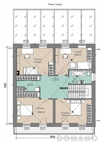 Проект коттеджа с просторной крытой террасой, кабинетом, длинным балконом на мансардном этаже на две спальни / План мансардного этажа