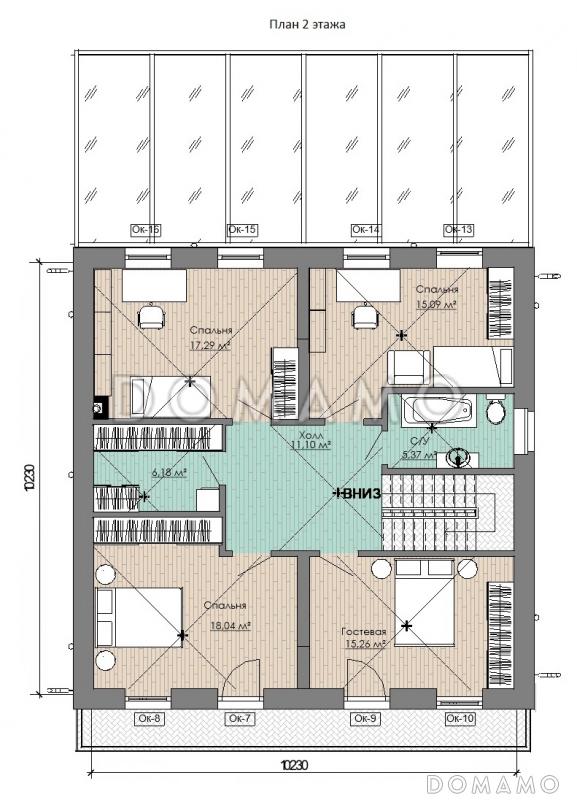 Проект коттеджа с просторной крытой террасой, кабинетом, длинным балконом на мансардном этаже на две спальни / План мансардного этажа