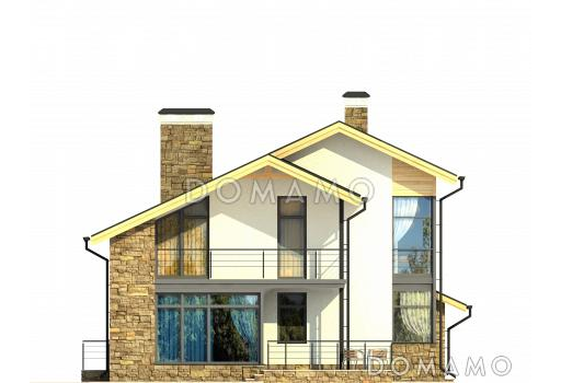 Проект уютного загородного дома с парной в цокольном этаже, навесом для машины, тремя спальнями на мансардном этаже / Фасад 2