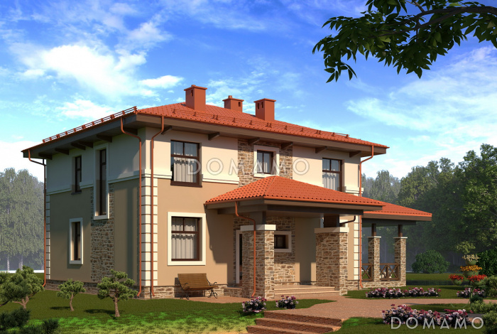 Проект небольшой виллы в средиземноморском стиле с крытой террасой и облицовкой камнем