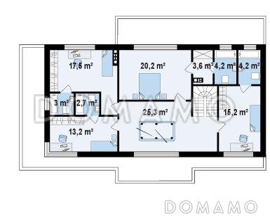 Проект современного двухэтажного дома из кирпича с четырьмя спальнями, большим гаражом и сауной / План 2 этажа
