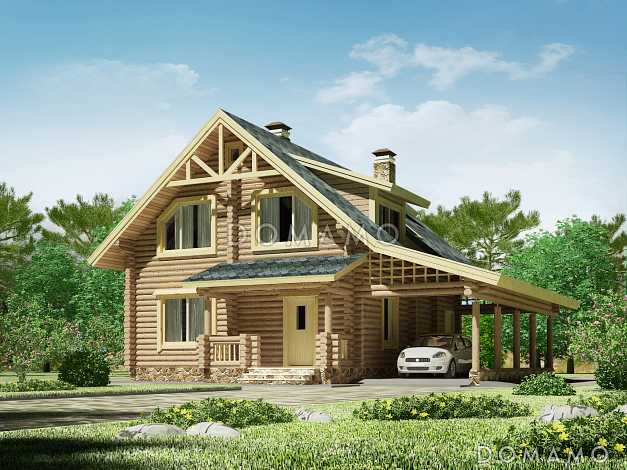 Проект деревянного дома с навесом для автомобиля