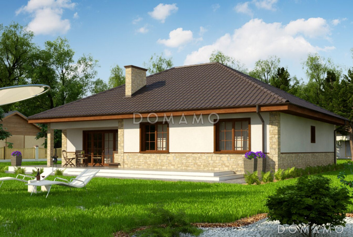 Проект одноэтажного дома из кирпича с тремя спальнями и небольшой крытой угловой террасой