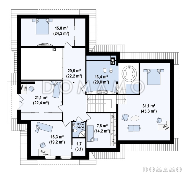 Проект просторного мансардного коттеджа из кирпича с пятью спальнями, кабинетом и гаражом / План мансардного этажа