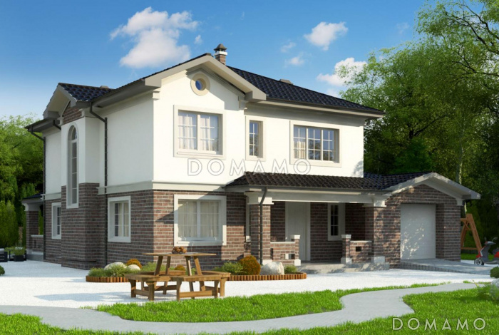 Проект дома с гаражом для машины, подвалом, крытой террасой, кладовой