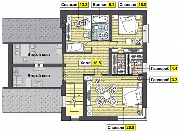 Проект дома с навесом для автомобилей, кухней с выходом на крытую террасу, двумя спальнями на первом этаже, вторым светом / План мансардного этажа