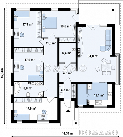 Проект одноэтажного дома из газобетона со стеклянным эркером в просторной гостиной / План 1 этажа